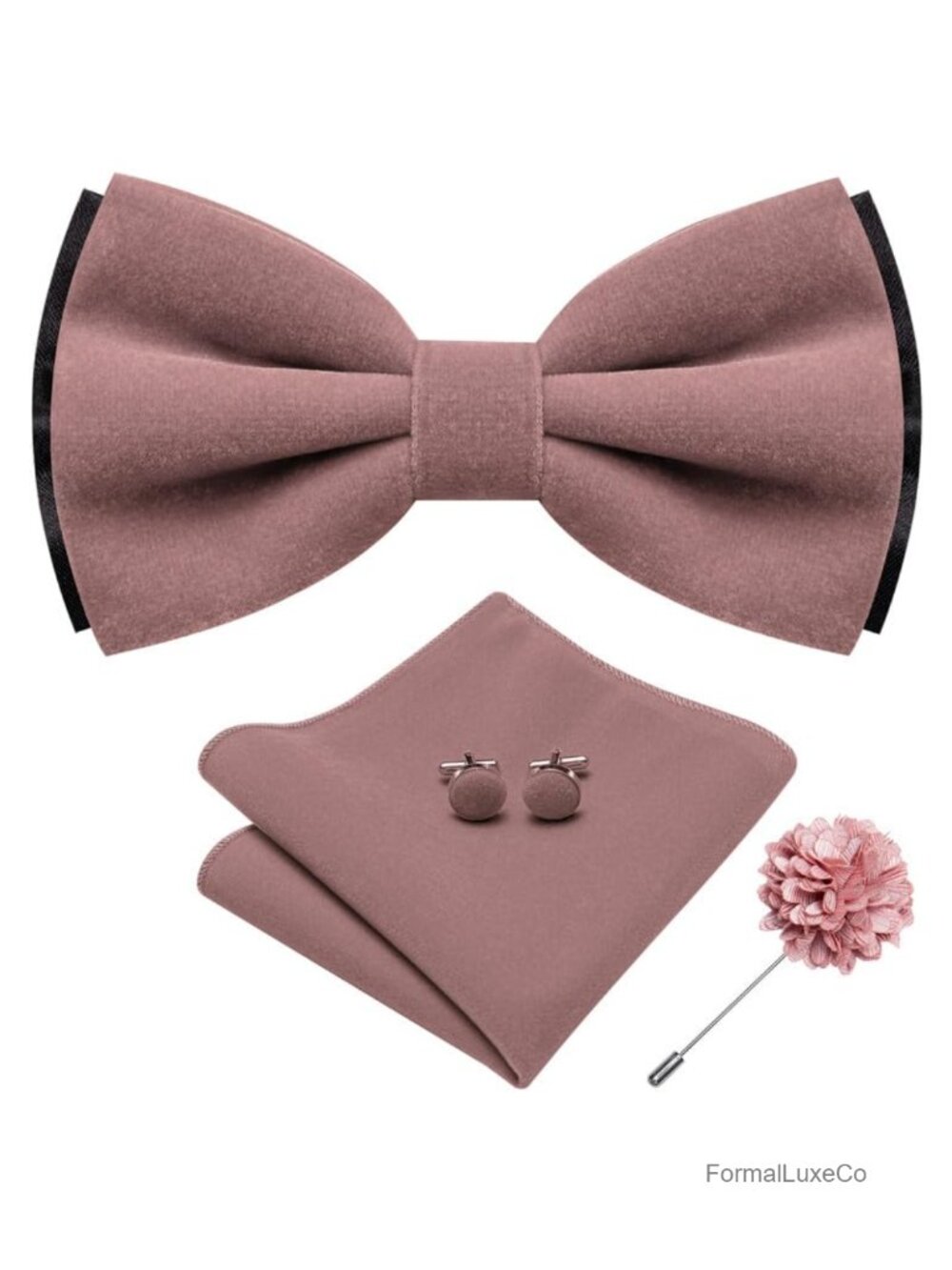 Men's Velvet Bow Tie Pre-tied Set Pocket Square Cufflinks Lapel Pin